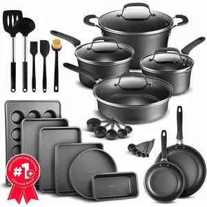 Cookware Set – 23 Piece –Black Multi-Sized Cooking Pots with Lids, Skillet Fry Pans and Bakeware – Reinforced Pressed Aluminum Metal - Suitable for Gas, Electric, Ceramic and Induction by BAKKEN Swiss