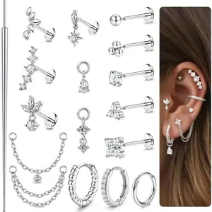 MILACOLATO 16G/18G/20G Threadless Flat Back Earrings 316L Surgical Steel Cartilage Earring Stacks Flatback Push in Nose Rings Studs Hypoallergenic Tragus Helix Conch Labret Medusa Piercing Jewelry