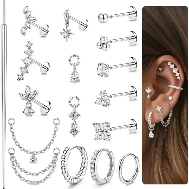 Milacolato 16pc Gift-Ready Elegant Surgical Steel Female Body Piercing Jewelry Set - 16/18/20G Push-In Threadless Flat Back CZ Studs & Ball Hoops, Advanced Electroplating, for Nose/Labret/Conch, Mom Birthday Anniversary Gifts