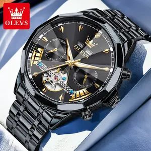 OLEVS Mechanical Watch for Men, Luxury Sports Stainless Steel Wristwatch with Green Dial, Automatic Luminous Waterproof 6619, Stainless Steel Watches