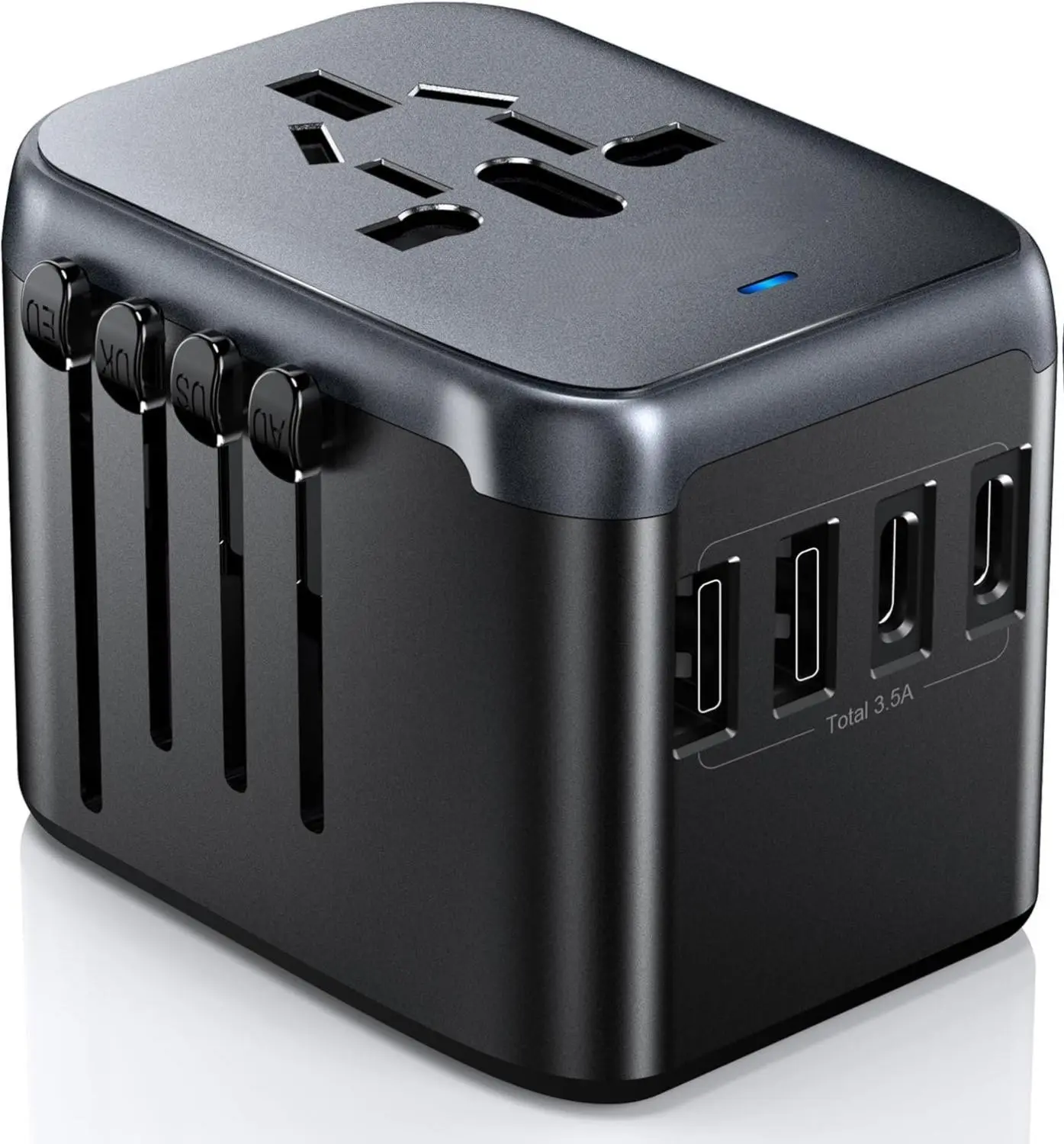 Travel Adapter, 5 in 1 International Power Adapter, 3.5A 2xUSB-A and 2xUSB C Wall Charger, Worldwide Travel Essentials Plug for  USA  (Black Grey)