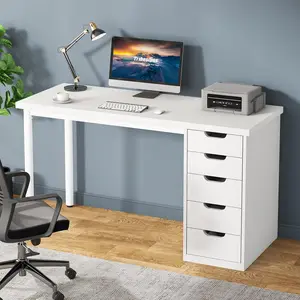 LustreC Computer Desk with 5 Drawers, 47 inches Rustic Brown Home Office Desk with Storage, Modern Simple Laptop Desk Study Writing Table for Small Spaces (1, White)