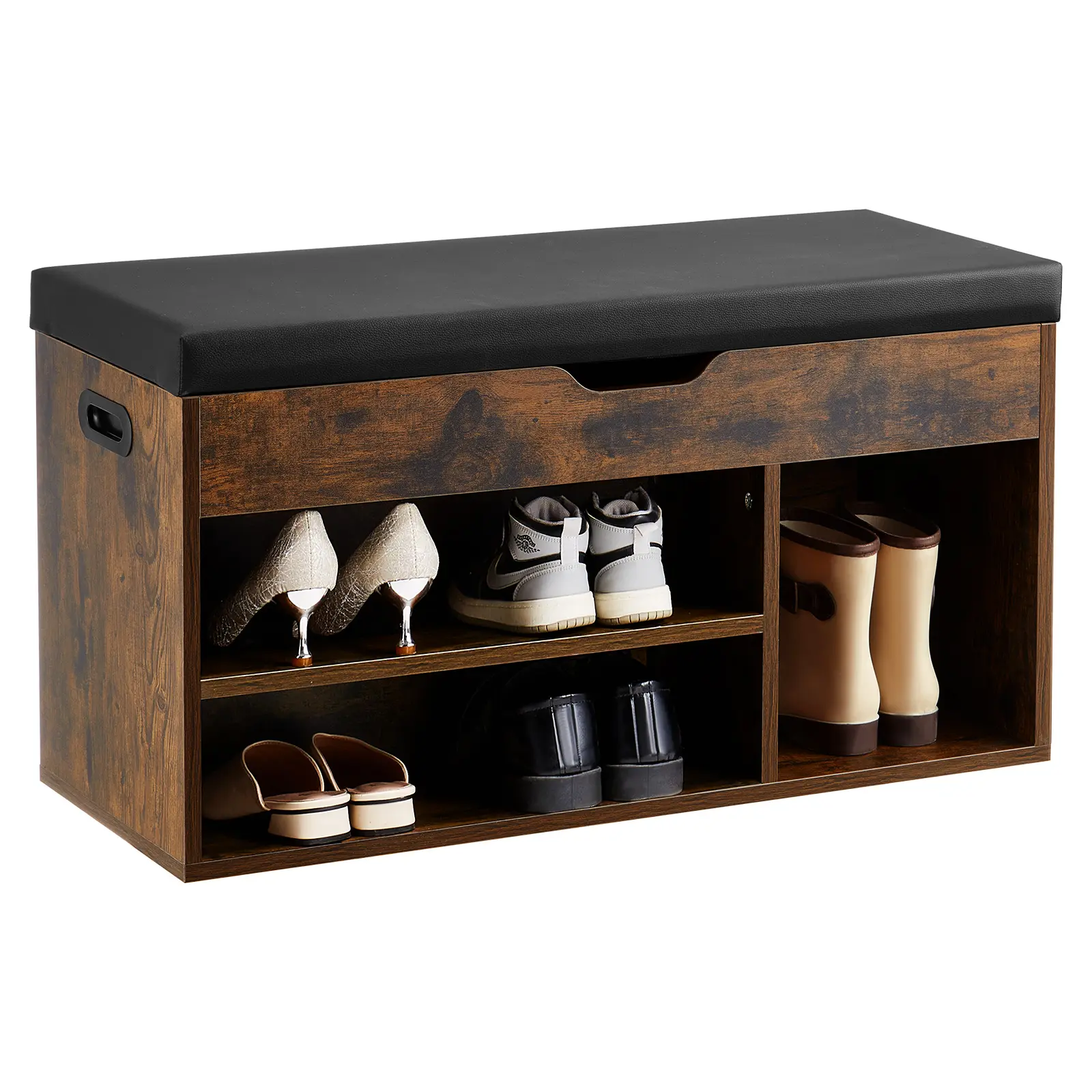 VEVOR Entryway Shoe Bench - Narrow Rectangle Footstool with Storage, 31.7x12.0x17.5in Liftup No Bending Top, 300lbs Cushioned Seat, 3 Cabinets for Hallway, Living Room, Children, Brown+Black, Back to School