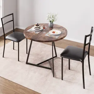 Round Dining Table Set for 2 - MDF & Metal Frame with 2 Upholstered Chairs, Space-Saving Small Kitchen/Apartment Dining Set