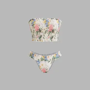 Cider Bandeau Floral Shirred Lettuce Trim Bracelet Bikini Set SpringStatements