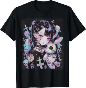 100% Cotton Anime Girl Goth Bunny Cute E-Girl Gothic Outfit Grunge T-Shirt