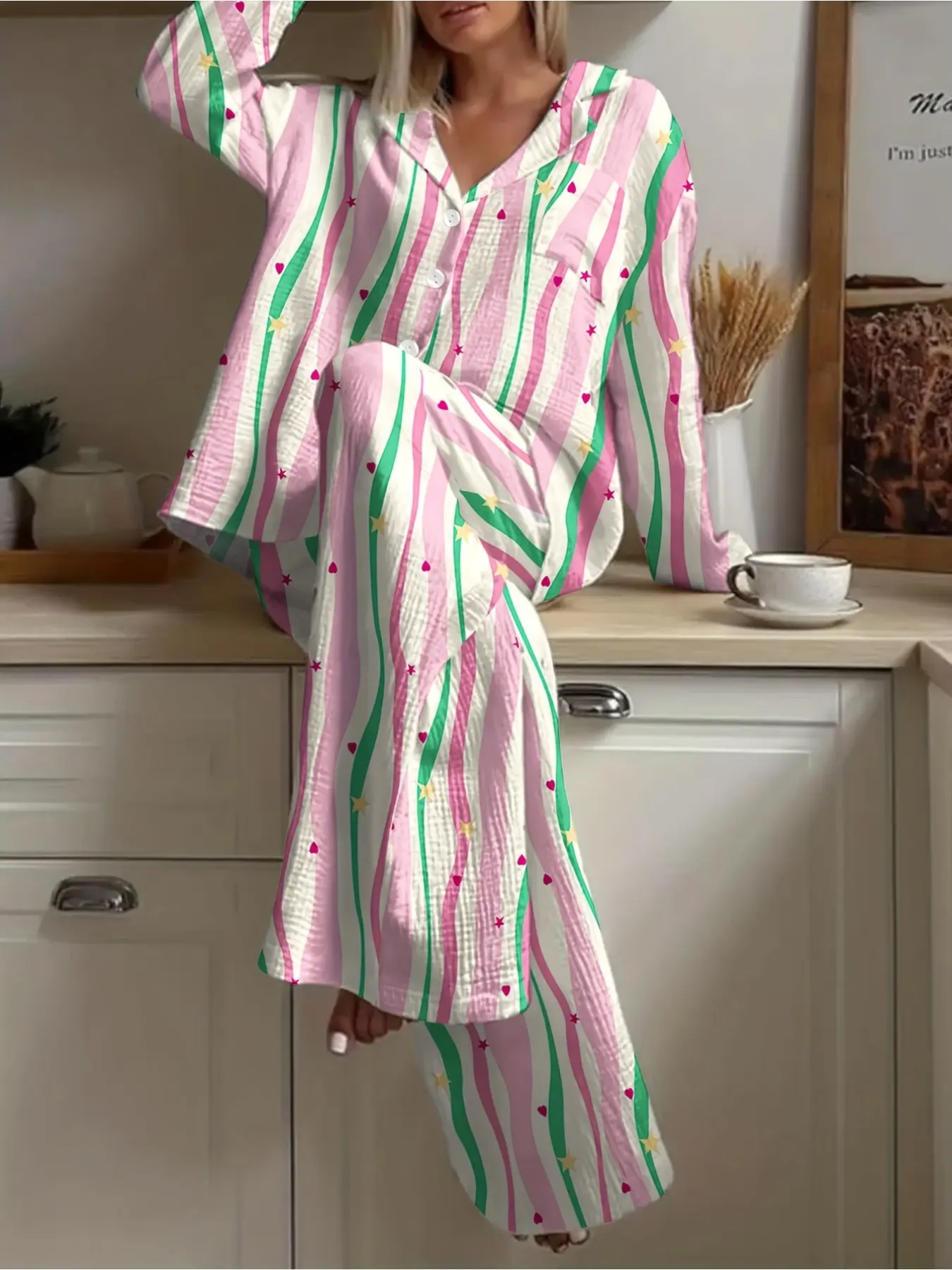 Women's 2pcs Pajama Set Star & Stripe Button-Front Pajamas - Long Sleeve Nightgown with Matching Pants, Machine Washable Sleepwear for all-Season Cozy Nights, Elegant Bedwear System for s