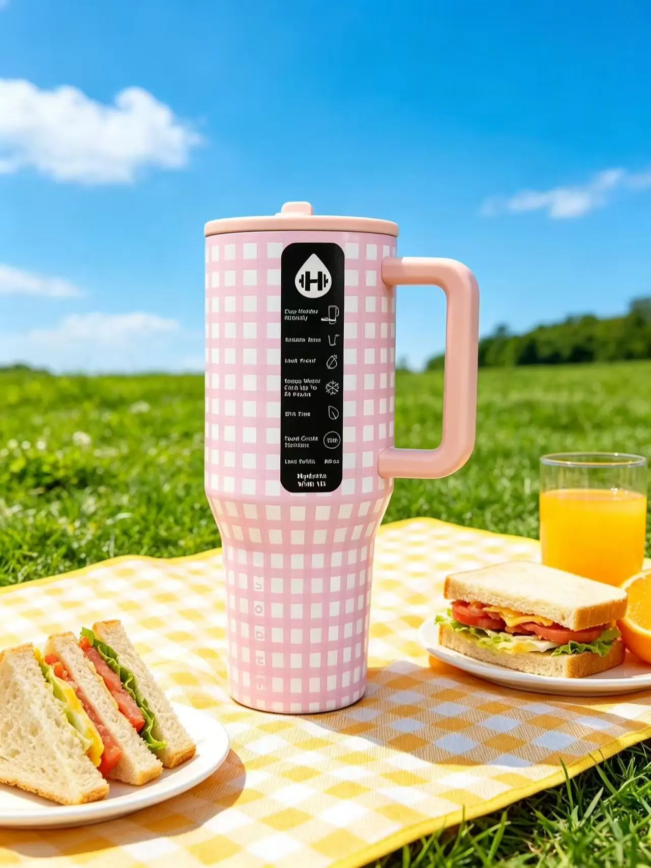 HydroJug 40 oz Pink Gingham Vacuum Insulated Stainless Steel Flask - Leakproof Hydration Tumbler, Travel Mug Insulated for Hot and Cold, Portable Stylish Lid, Ideal for Everyday Carry