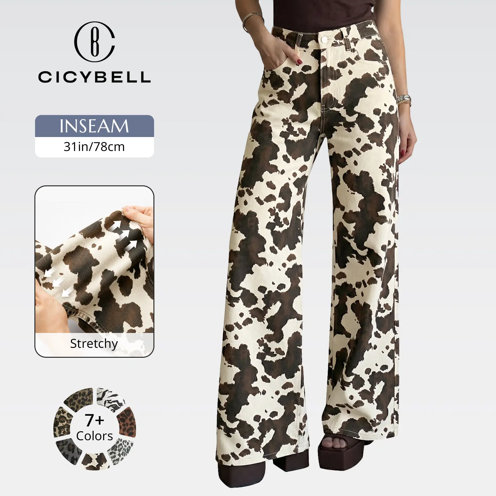 Cicy Bell Womens Wide Leg Jeans High Waisted Leopard Baggy Stretchy Denim Pants with Pockets