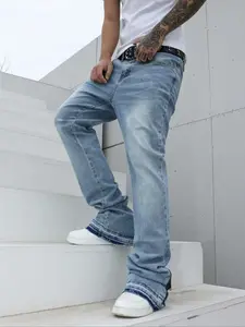 Men’s Light Blue Flare Jeans, Slim Fit Stacked Bootcut Denim Pants with Zipper Hem, Vintage Washed Distressed Streetwear Jeans for Men, Casual High Waisted Boot Cut Jeans with Frayed Raw Edge, Trendy Y2K Style Flared Denim Pants for Guys, Denim Bottoms