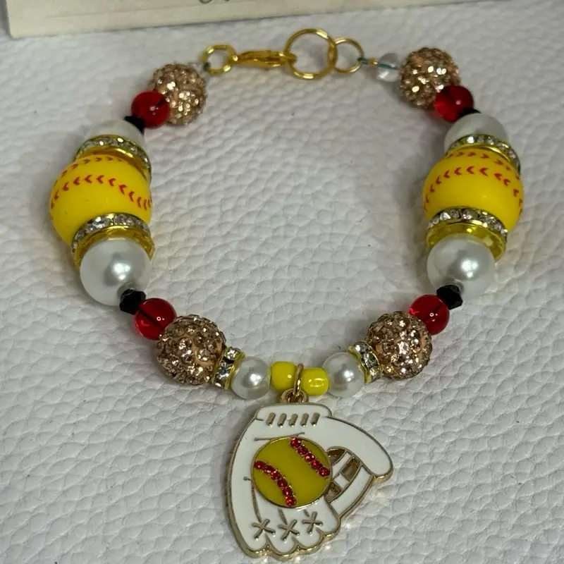 Baseball Theme Charm Bracelet with Yellow Beads, White Pearls, and Red Accent Beads, featuring a Handwritten Design