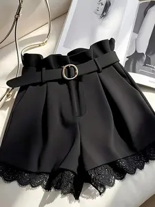 Elegant Patchwork Contrast Lace Shorts, Casual Style Fitted Natural Waist Pants, Button Fly Closure, Includes Belt, Women's Fashion, Womenswear, Chic Casual Shorts