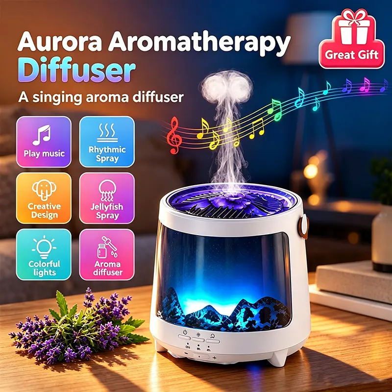 Jellyfish Ultrasonic Aromatherapy Essential Diffuser Humidifier - Desk-Size Room Mist Machine with Aurora-Flame Nightlight, Wireless Music, White Noise, Music-Synced Jellyfish Mist Look, Timer, Portable, Multi-Mode Mood Booster, Home Decor, Ideal Gift