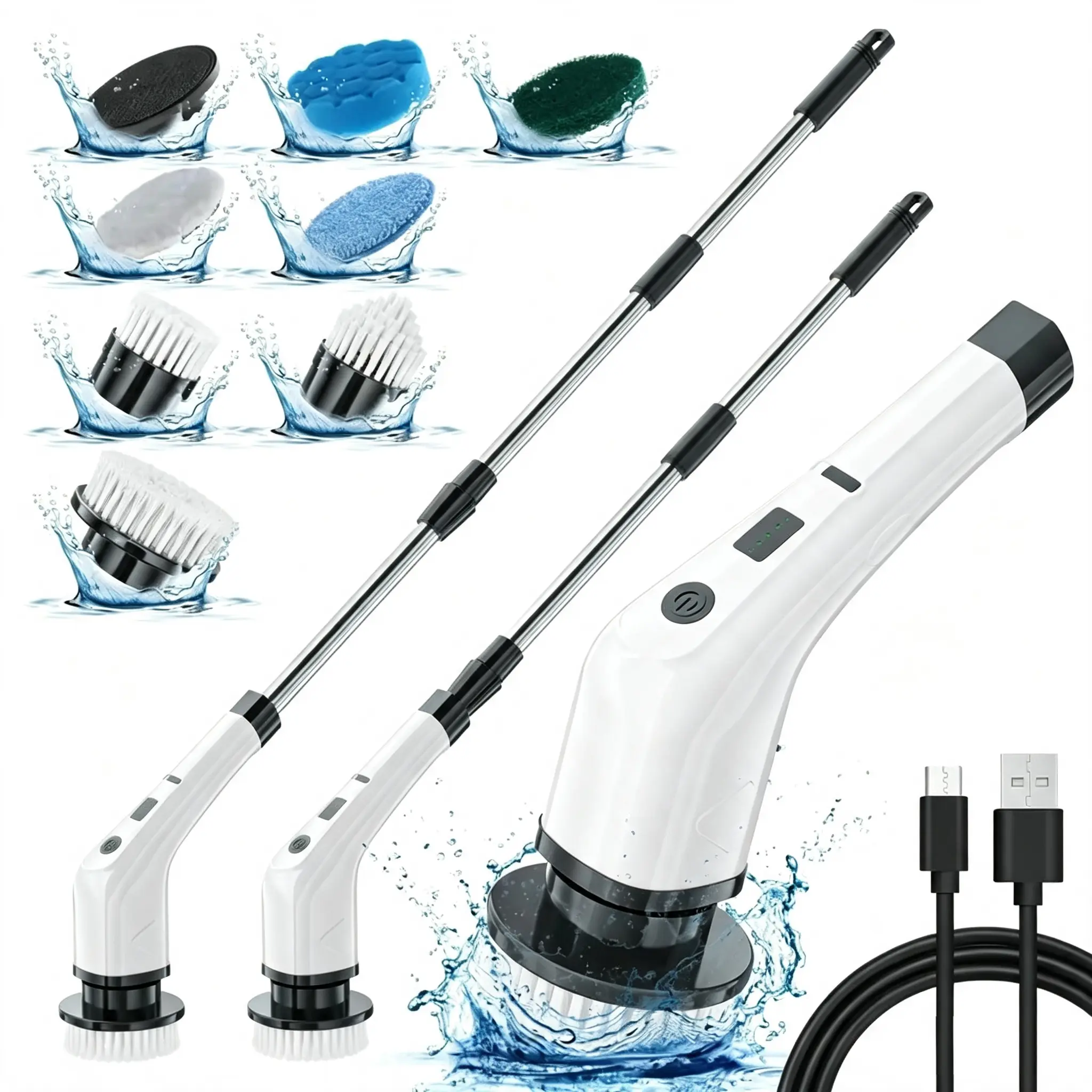 Cordless Spin Scrubber with Long Handle, 8 Replaceable Brush Heads, IPX7 Waterproof Electric Cleaning Brush, 2-Speed Power Scrubber for Bathroom, Shower, Tile, Floor & Kitchen
