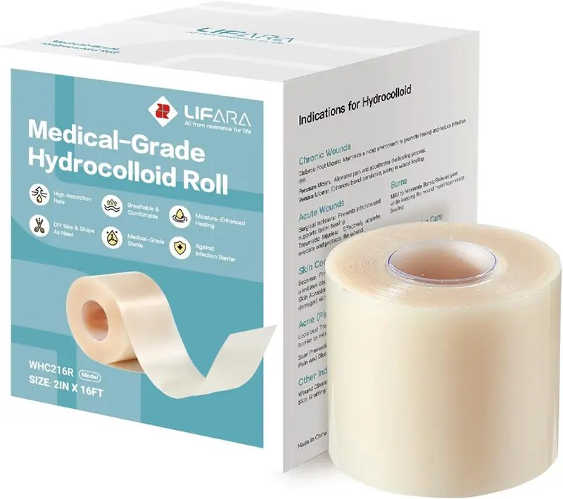 LIFARA Hydrocolloid Roll for Wound Care - Cut-to-Size, Extra Large Hydrocolloid Patch Bandages with Self-Adhesive, Ultra Absorbent, Flexible & Waterproof, First Aid Kit Essential (2in*16ft, 11.8mil/ 0.3mm Thickness))