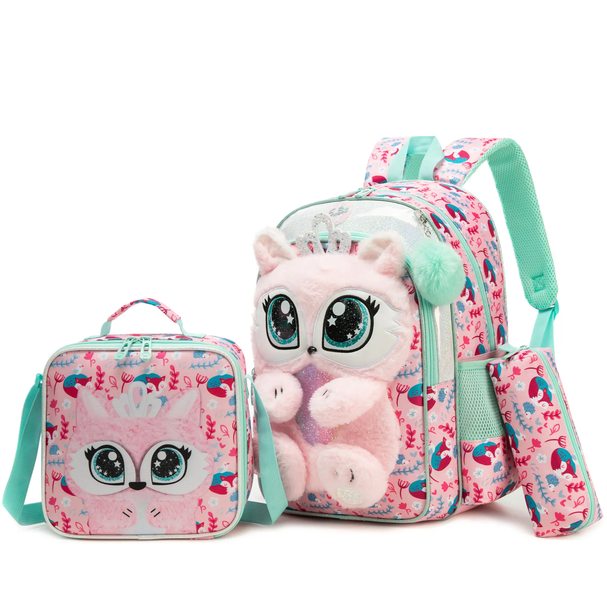 Girls' 3D Plush Pink Forest Animal Print Backpack Set for School, Elementary School Bag with Matching Insulated Lunch Bag, Pencil Case & Ergonomic Padded Straps, Backpacks For School bookbag