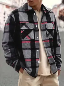 Men's Casual Fitted Long Sleeve Shirt with Casual Button Pocket, Irregular Checked Plaid Design, Comfortable Woven Fabric, Perfect for Fall & Winter Wear, Menswear