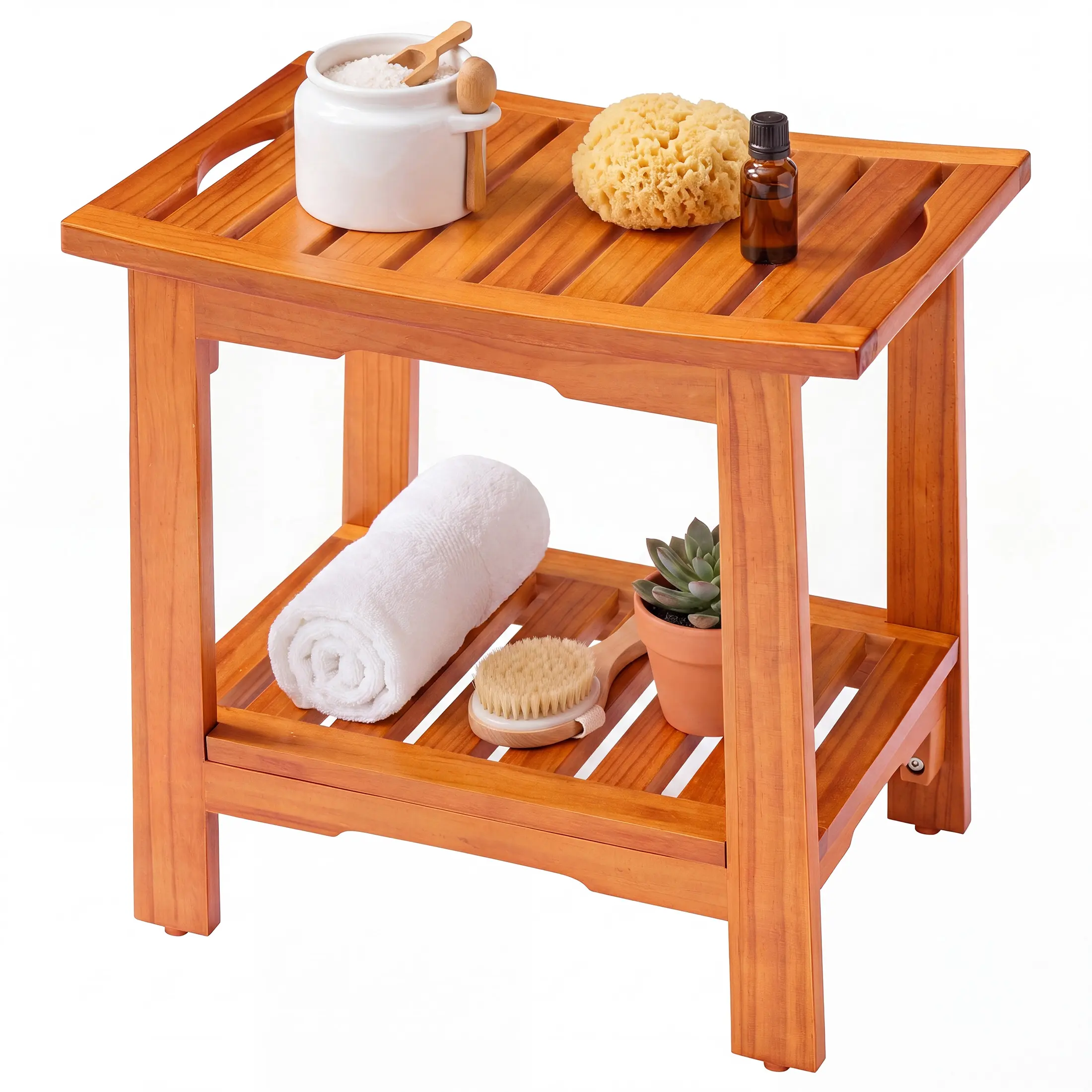 Wood Shower Bench, 250lbs Capacity, Waterproof, Non-Slip, Adjustable, for Indoor & Outdoor Use - Natural Finish