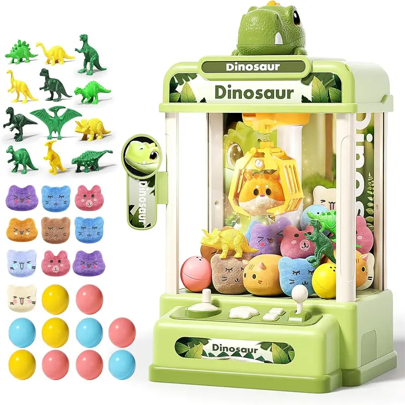 32PCS Dinosaur Claw Machine for Kids, Mini Vending Machine with with Music,Electronic Arcade Game Prize Dispenser for Boys Girls and Boys Birthday Toys Gifts Age 3 4 5 6 7 8 Years