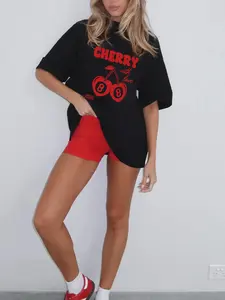 Women's Casual Vintage Style Fox Two-Piece Set, Spring Summer Cherry Print Short Sleeve T-Shirt & Ruffled Shorts Outfit Womenswear