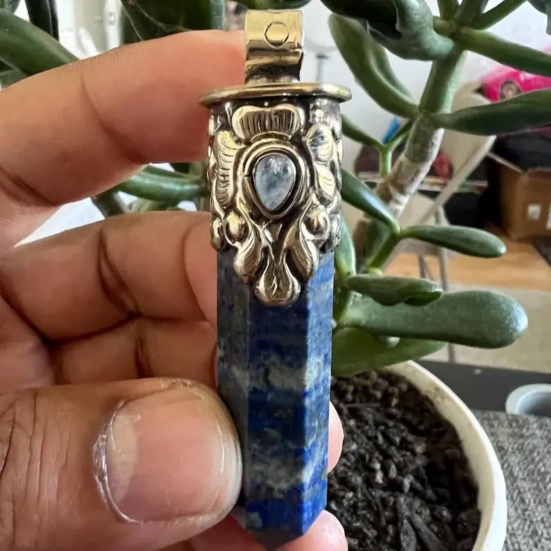 Tower Crystal Lapis Pendant with Rainbow Moonstone