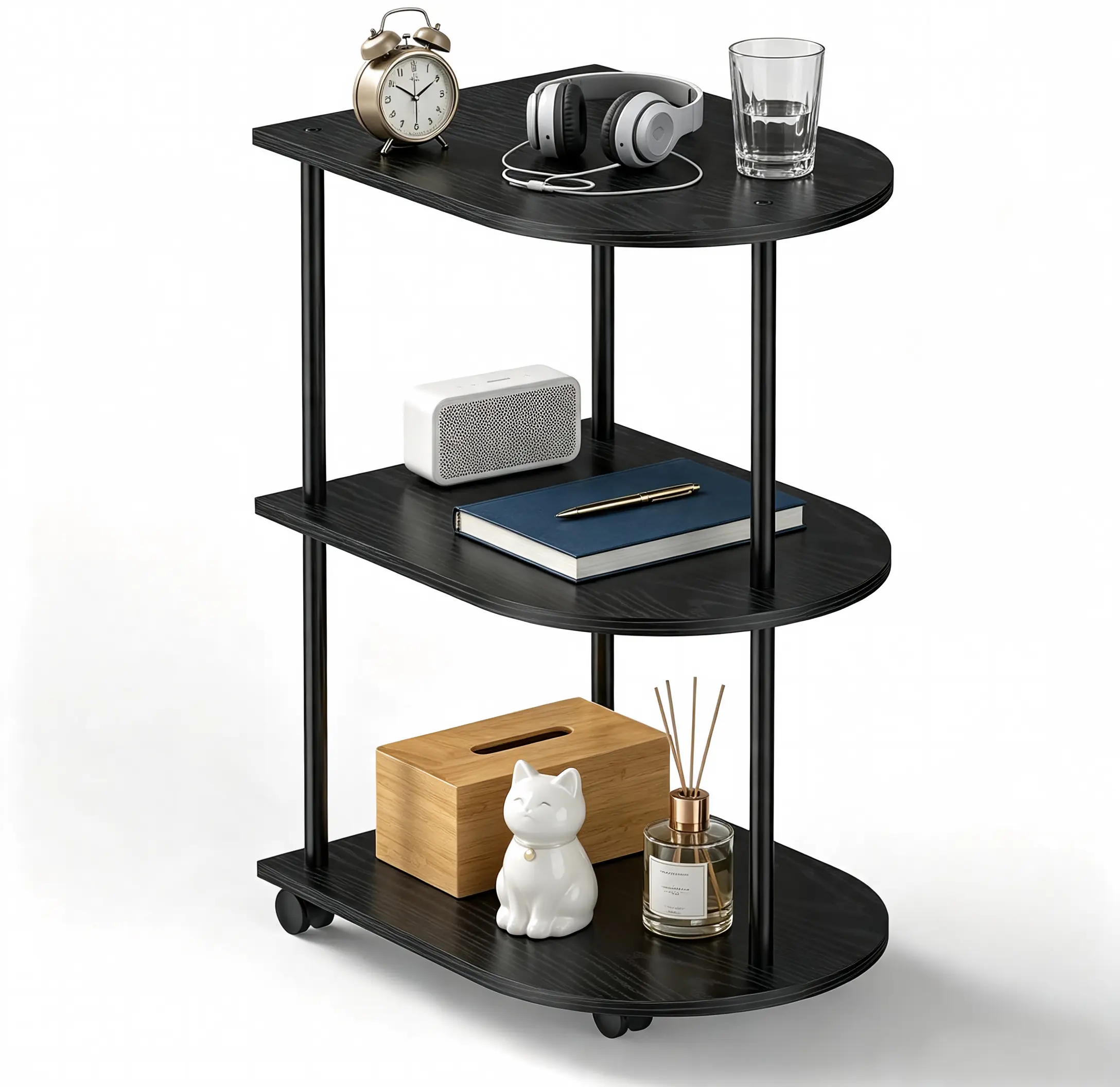 Black Metal Frame Slim Semi-Circular Rolling Side Table - 3-Tier Storage Shelves, Universal Wheels, Waterproof, Smooth-Sliding Small Space Home Organizer for Sofa, Bedroom, Plant Display