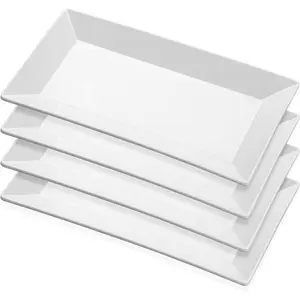 Porcelain Rectangular Dinner Platters, 9.75 Inch Rectangle Serving Plates for Sushi, Snacks, Cake, Meat & Appetizers, Set of 4, Elegant White Design