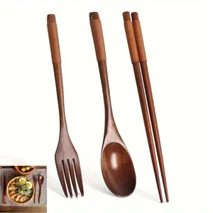 3pcs Natural Wood Cutlery Set - Handcrafted Spoon, Chopsticks & Fork for Dining and Kitchen Use Tableware Khaki