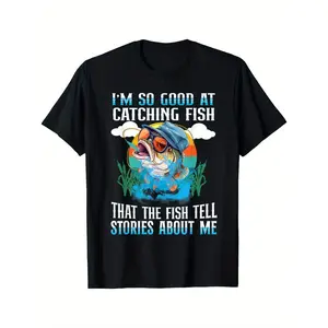 Men's Funny Fishing Pattern T-Shirt "I'm So Good at Fishing They Call Me a Story Summer Outdoor Street Casual Short Sleeve Fishing Apparel Medium Stretch Fabric