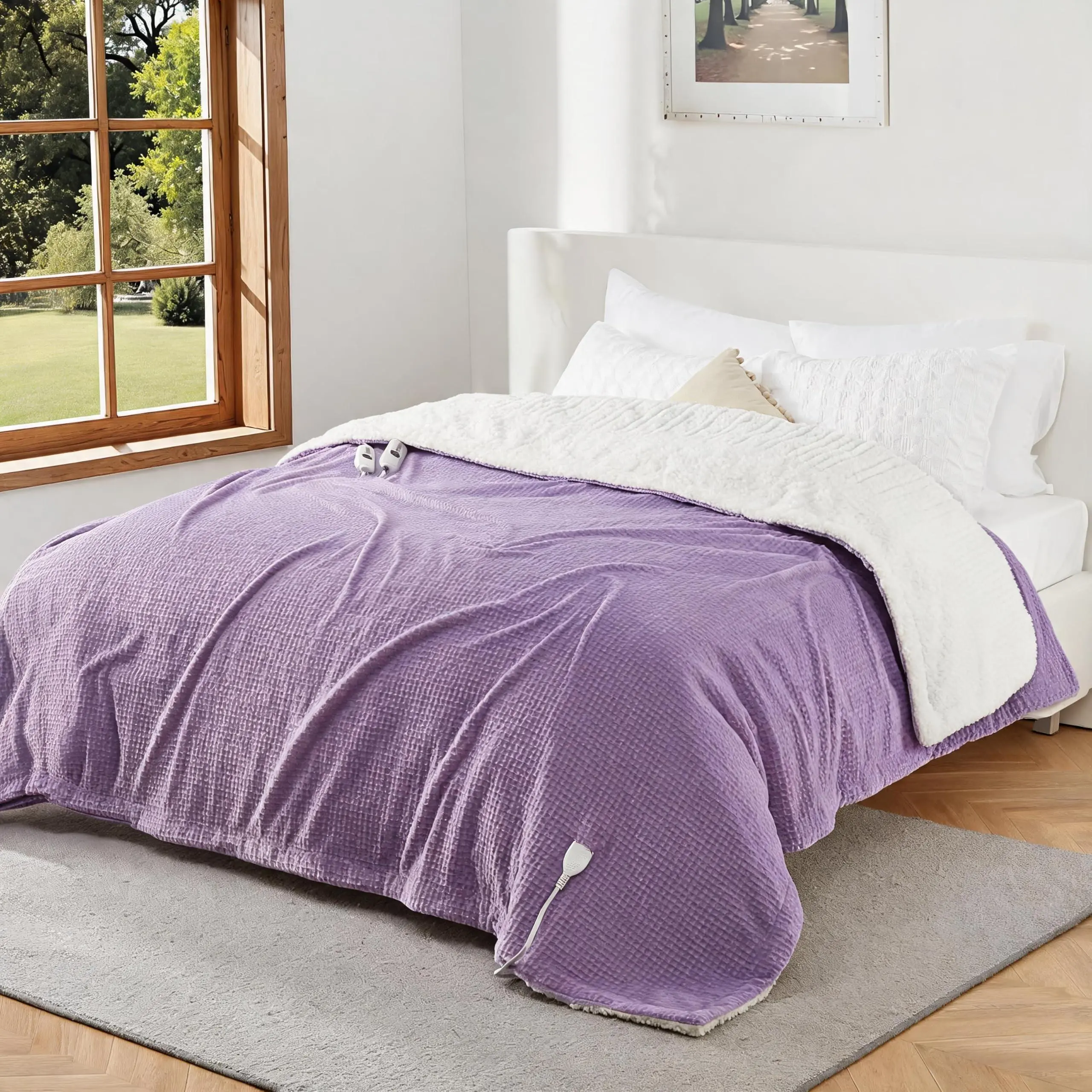90x100 Dual Control Heated Blanket King Size Ultra Soft Double-Sided Flannel and Sherpa 4 Heat Levels Fast Heating 10H Auto Shut-Off Machine Washable ETL Certified