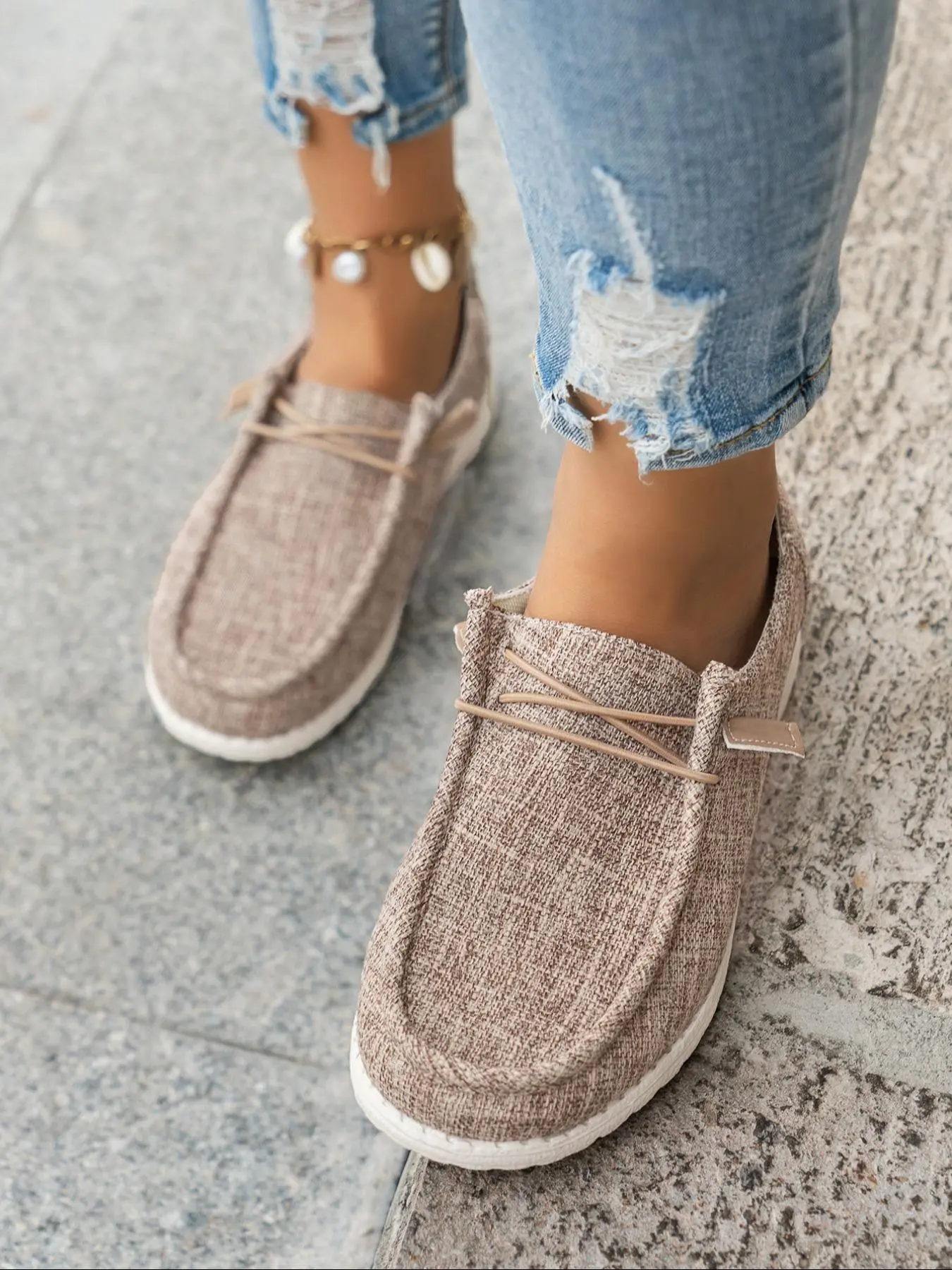 Women's Fashionable Plain Color Round Toe Lightweight Slip Ons Style Sneakers, Lightweight Breathable Comfortable Lace-up Flats Shoes, Casual Comfortable Sports Walking Shoes, Casual Breathable Footwear