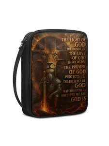 Printed God's Equipment Lion Cross Light Pattern Bible Cover Portable Book Box Church Bag with Handle and Zipper Pocket Perfect Gift