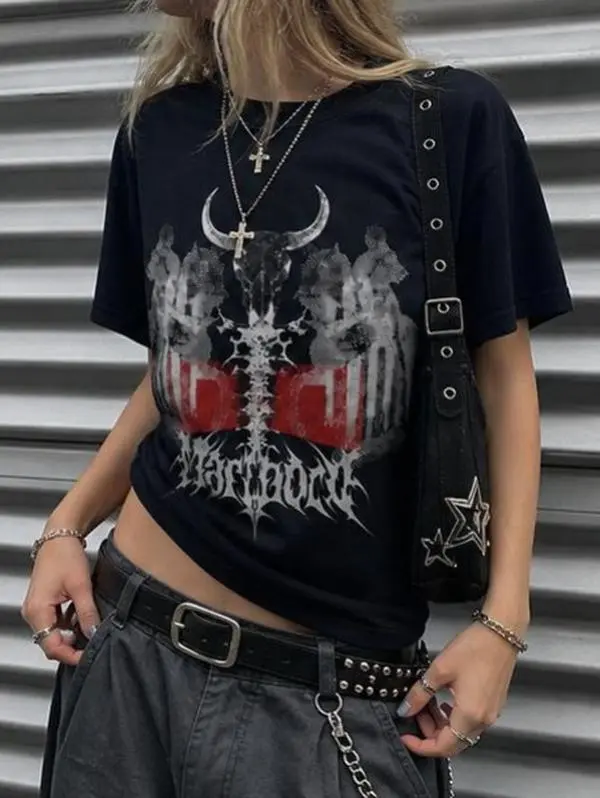 Oversized Gothic Cotton T-Shirt with Bull Skull Graphic, Unisex Soft Punk Top, Edgy Streetwear Alternative Clothing, Alt Clothes