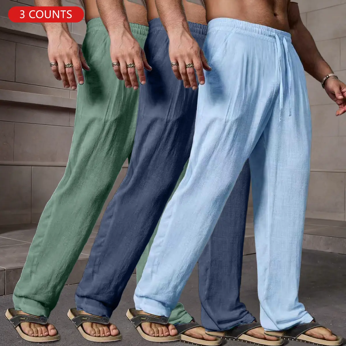 Men’s 3-pack summer casual vacation drawstring pants—lightweight, loose straight-leg beach and everyday casual trousers fit