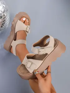 Women's Thick Sole Platform Roman Sandals, Summer Outdoor Retro Style, Height-Boosting Velcro Strap Buckle Flip Flops, Casual Plain Design Rubber Sandals, Casual Trendy Sandals