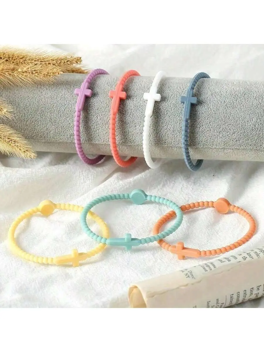 Women's 5pcs Random Color Minimalist Cross Bracelet Jewelry Bundle - Elastic Silicone Thin Strap, Stretch-Fit Size, Waterproof, Stackable Bag Charm Accessories, Fashion Bracelet for Christmas, Birthday Gift