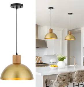 Gold Pendant Light, 11.8" Wood Modern Adjustable Dome Hanging Lighting for Kitchen Island Farmhouse Dining Room