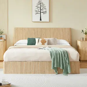 King Lift Up Storage Bed Frame, Wood King Platform Bed Frame with Corrugated Curved Design, Hydraulic Lift Storage, No Box Spring Needed, Space-Saving (Oak)