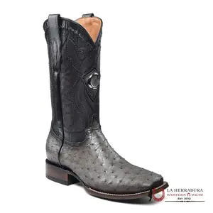 CUADRA BOOTS OSTRICH GREY LASER & EMBROIDERY SQUARE TOE CU806
