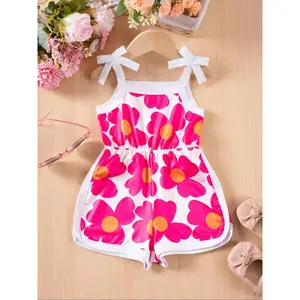 Toddler Girl's Floral Print Cami Romper, Casual Sleeveless Spaghetti Strap Romper for Summer, Kids Clothes for Daily Wear, Toddler Outfit
