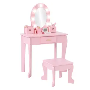 Kids Vanity Set with Lighted Mirror - Wooden Girls Vanity Table & Chair, Pretend Makeup Playset with Storage Drawer, Toddler Dressing Table for Kids Room & Birthday Gift