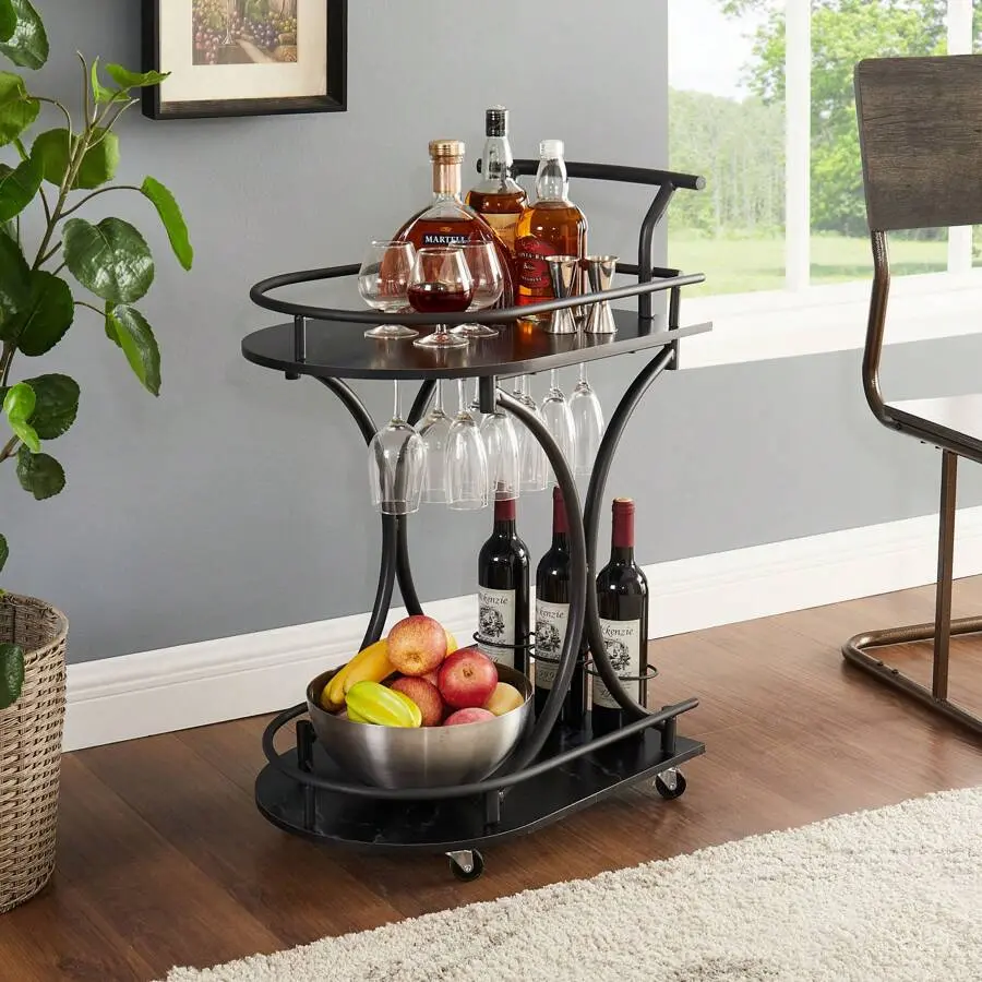 Wooden, Black 2-Tier Bar Cart, Coffee Cart, Retro Style Wine Cart for Kitchen, Dining Room Utensils