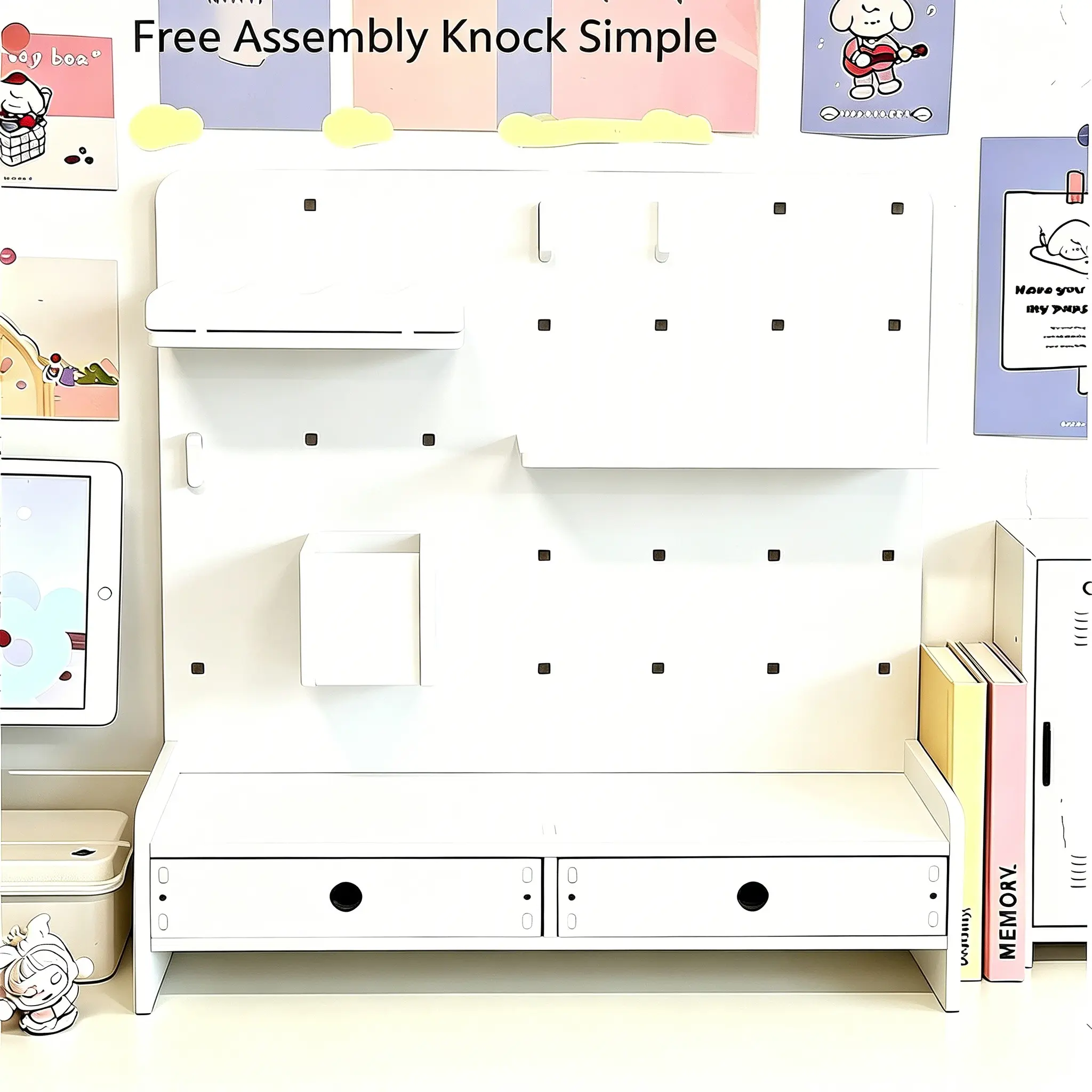 Hole board desktop vertical board small card storage and display rack, layered small partition, dressing table cosmetics storage rack, desktop storage, organizing tool, Desk tidy, including 2 drawers, 3 hooks, Pencil Holder, Desk Organizer