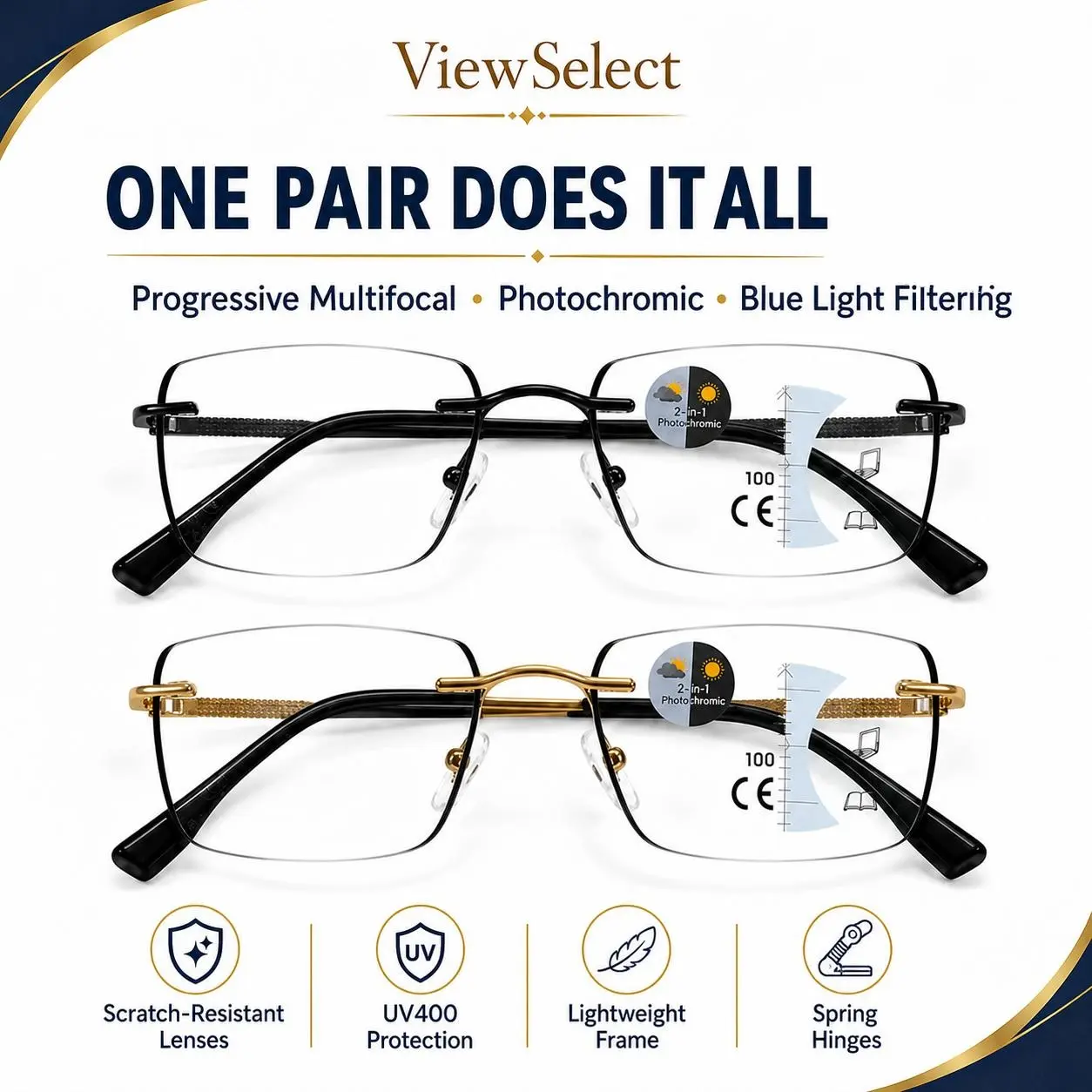 ViewSelect Non-Prescription Progressive Multifocal Photochromic Reading Glasses for Women & Men - Blue Light Blocking, UV Protection, Light-Adaptive Eyewear for Near, Mid, Far Vision