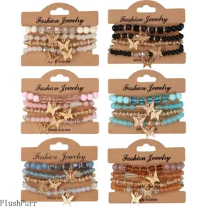 Unisex 4-Piece Bohemian Multi-Layer Butterfly Bracelet Set, Handmade Glass Beads Matching Bracelets with Artificial Crystal Diamonds & Pendant, 18cm Daily Wear Boho Jewelry for Sports & Outdoor Premier League Fan Shop, Bracelet With Pendant