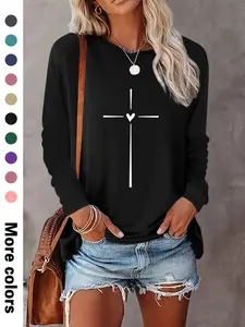 Women's Heart & Cross Print Round Neck Tee, Casual Long Sleeve Crew Neck T-shirt for Spring & Fall, Fashion Women's Top for Daily Wear