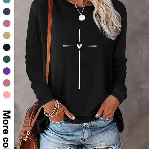 Women's Heart & Cross Print Round Neck Tee, Casual Long Sleeve Crew Neck T-Shirt, Women's Fashionable Top for Spring & Fall, Casual Chic Top for Daily Wear
