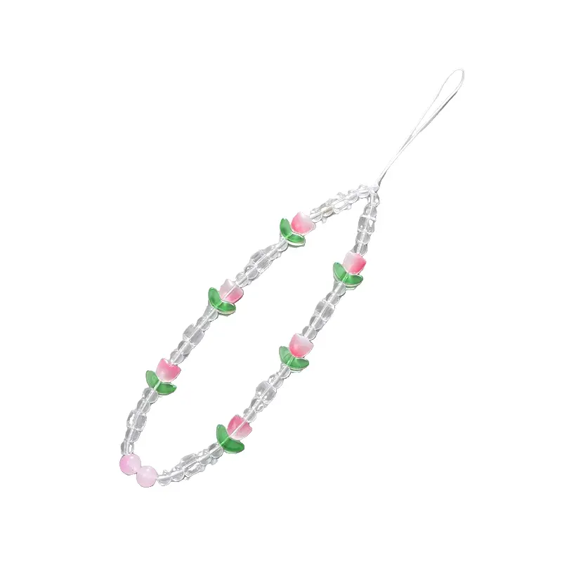 Tulip Flower Beaded Phone Chain, Cute Girls' Jewelry Strap, Mobile Cover Charm Pendant, Fashion Accessory for Women & Teens, Phone Charms, Phone Decoration, Cell Phone Charm, Cellphone Accessories