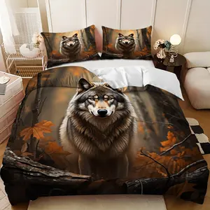 3-piece bedding set - Autumn Joyful Brown Wolf Forest Autumn Leaf Design Down Comforter Set (1 comforter cover + 2 pillowcases, filling not included) - A gift for family and friends, soft and comfortable, suitable for family bedrooms and guest rooms.