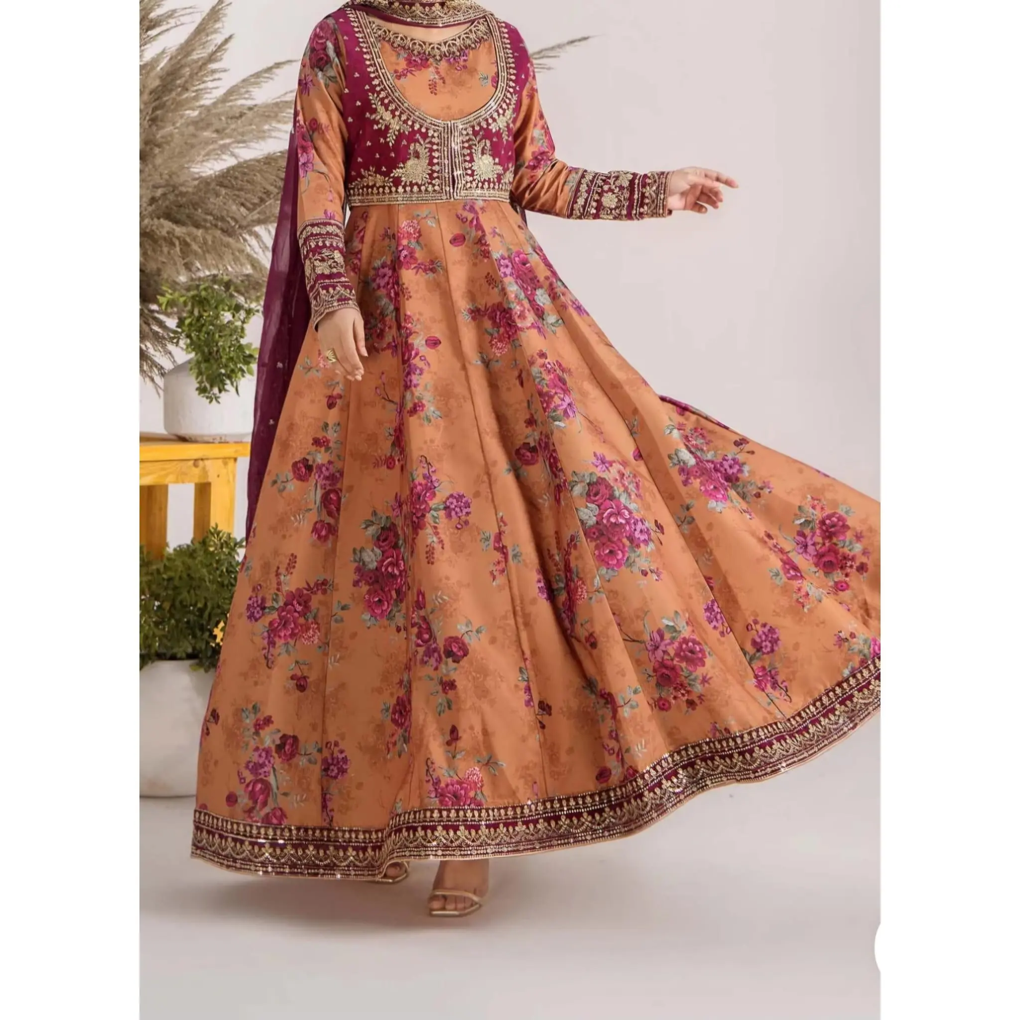 Women's Modest 3-Piece Lady Dress Set - Soft Elegant Long Sleeve Floral Print Embroidered Satin Lawn Maxi Shirt, Light Chiffon Dupatta, Matching Straight Cut Trousers, Premium Fabric